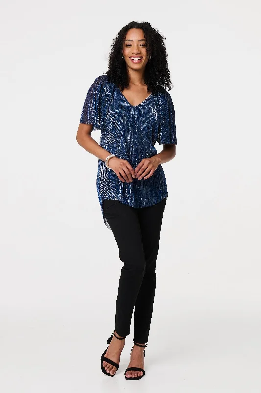 Semi Sheer Glittery Short Sleeve Top