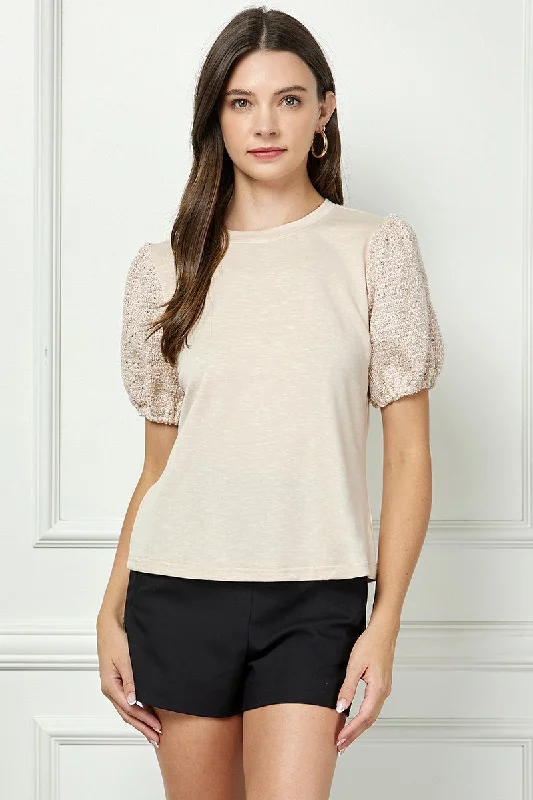 TAUPE ROUND NECK SEQUIN PUFF SHORT SLEEVES DETAILED KNIT TOP AVT51169K