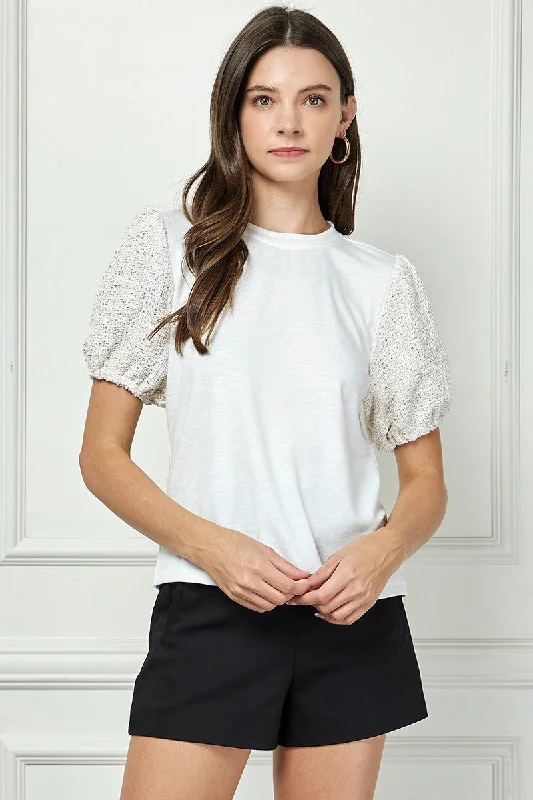 WHITE ROUND NECK SEQUIN PUFF SHORT SLEEVES DETAILED KNIT TOP AVT51169K