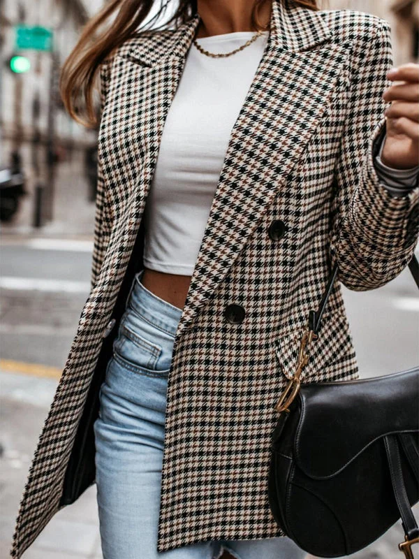 Autumn Double-Breasted Plaid Blazer - Business Mid Jacket