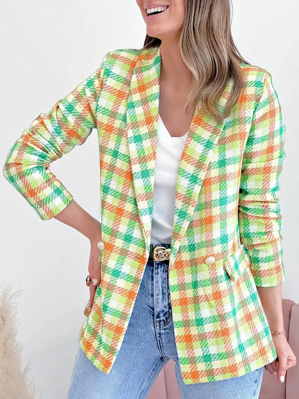 Business Casual Plaid Double-Breasted Shawl Lapel Blazer