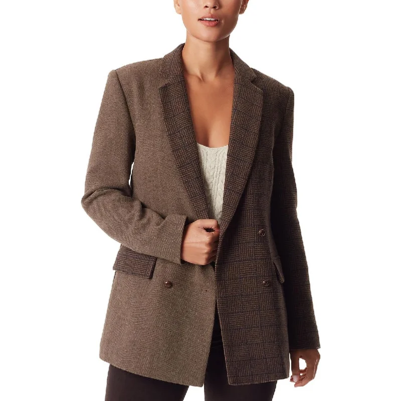 Womens Plaid Shoulder Pad Double-Breasted Blazer