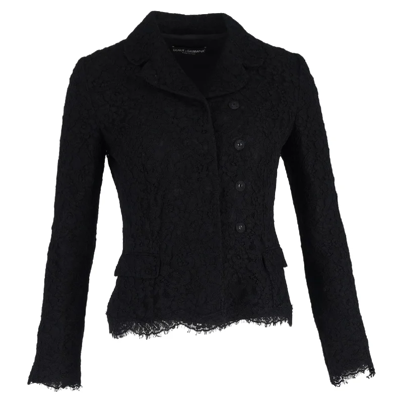 Dolce & Gabbana Lace Detail Double-Breasted Blazer in Black Cotton