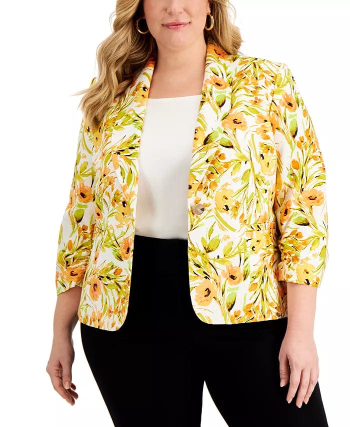 KASPER - Plus Size Linen Floral Shawl-Collar Blazer